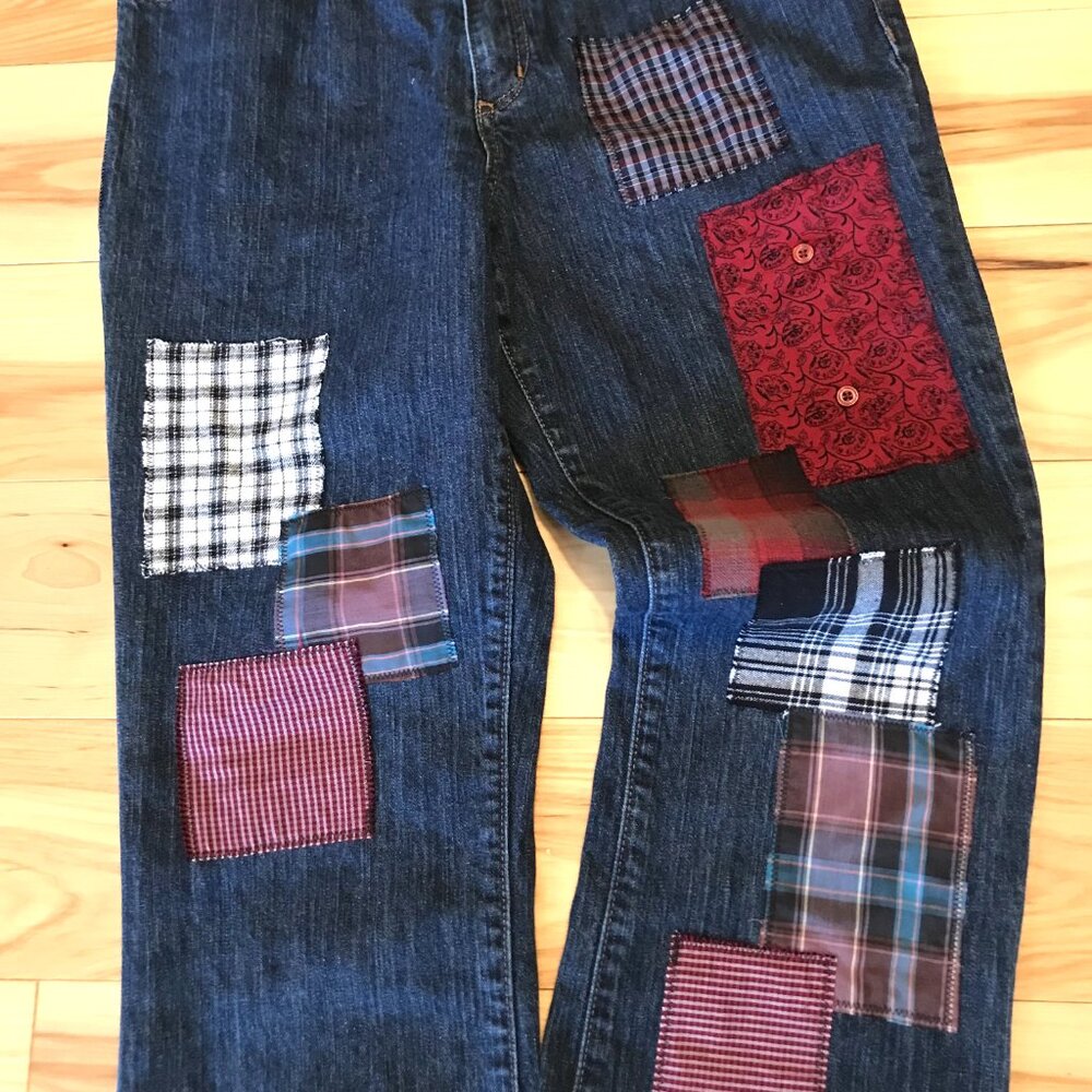 Plaid Flannel Patchwork Jeans, Upcycled Funky Pants Boho Hippie Grunge Size 8 - Picture 9 of 13